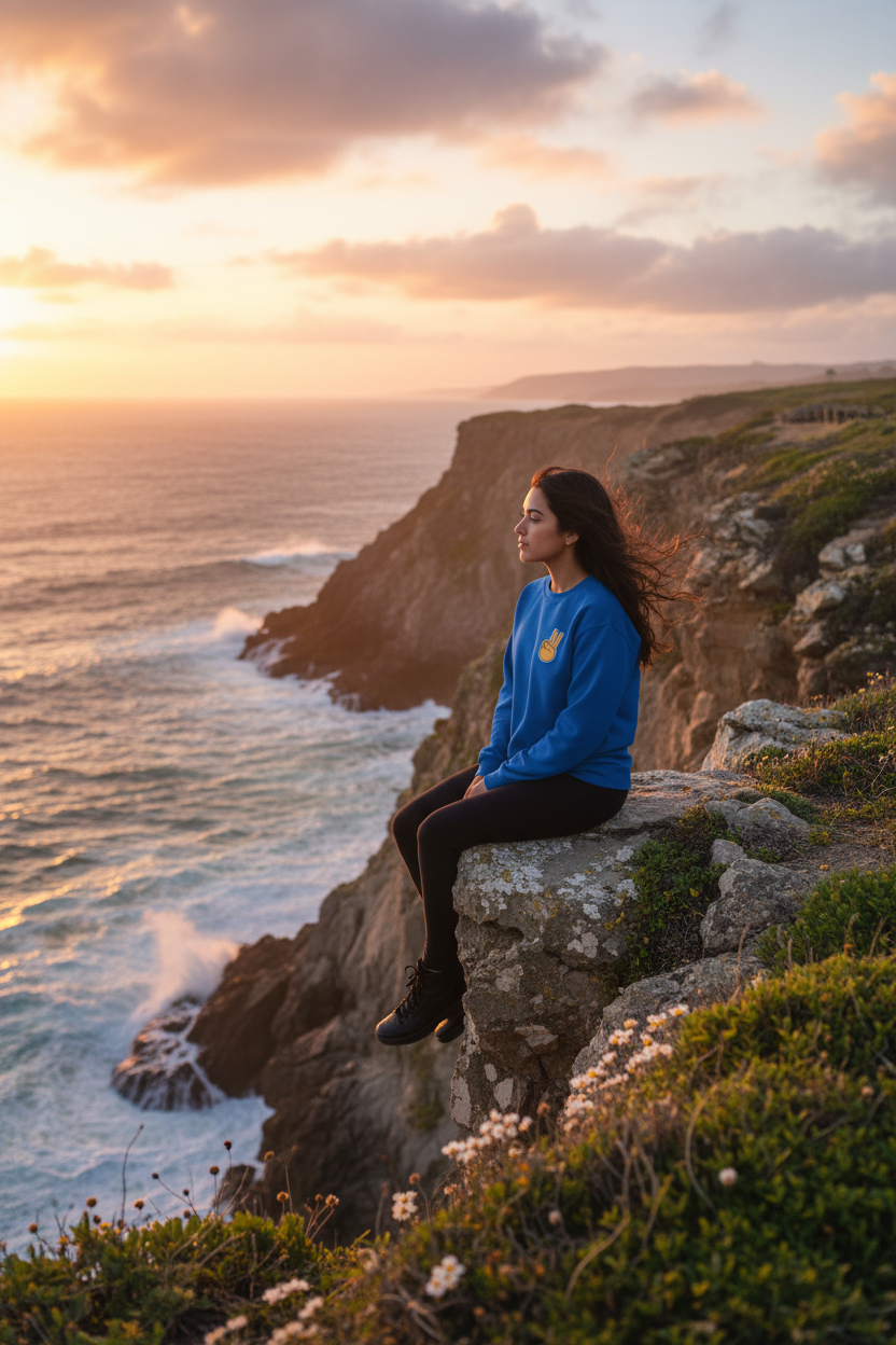 Royal blue sweatshirt with embroidered peace sign hand on the chest