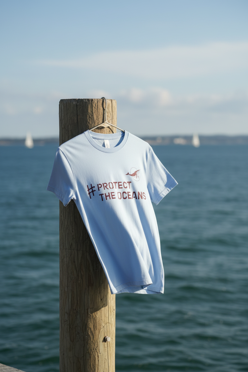 Light blue T-shirt with #PROTECT THE OCEANS graphic, hanging on a wooden post
