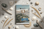 A5 wirobound notebook cover with monogram B and name Bardo, coastal landscape