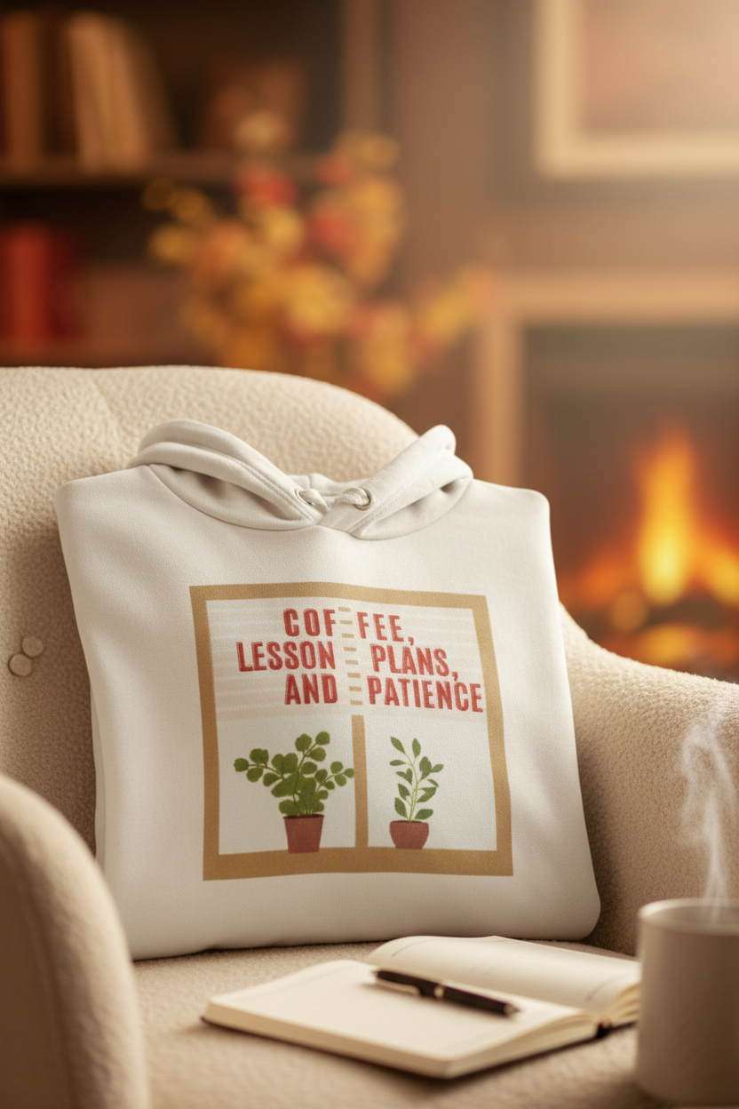 White hoodie on couch arm with front pouch pocket and potted plants graphic near a notebook