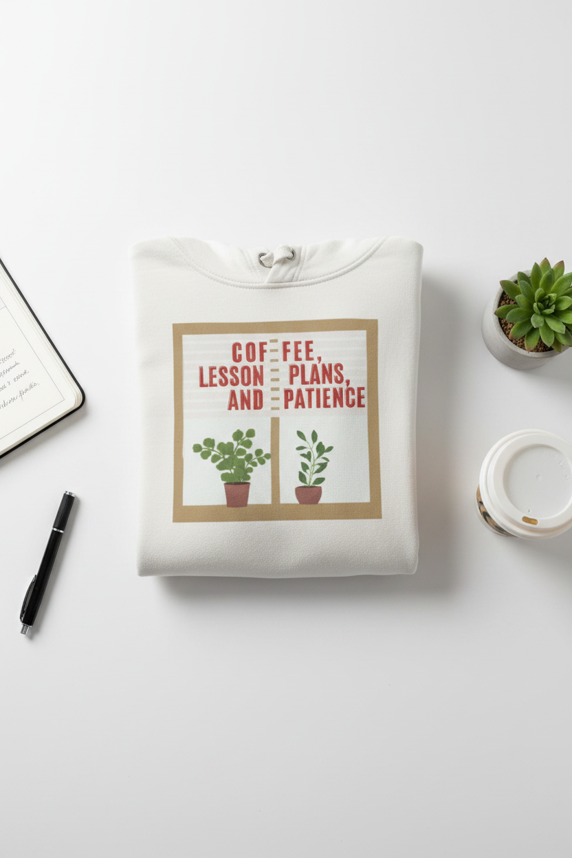 Folded white pullover hoodie with hood and pouch pocket, featuring potted plants text graphic