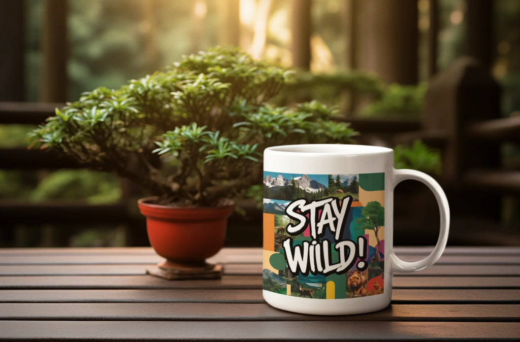 White ceramic mug with 'STAY WILD!' graphic, on wooden surface