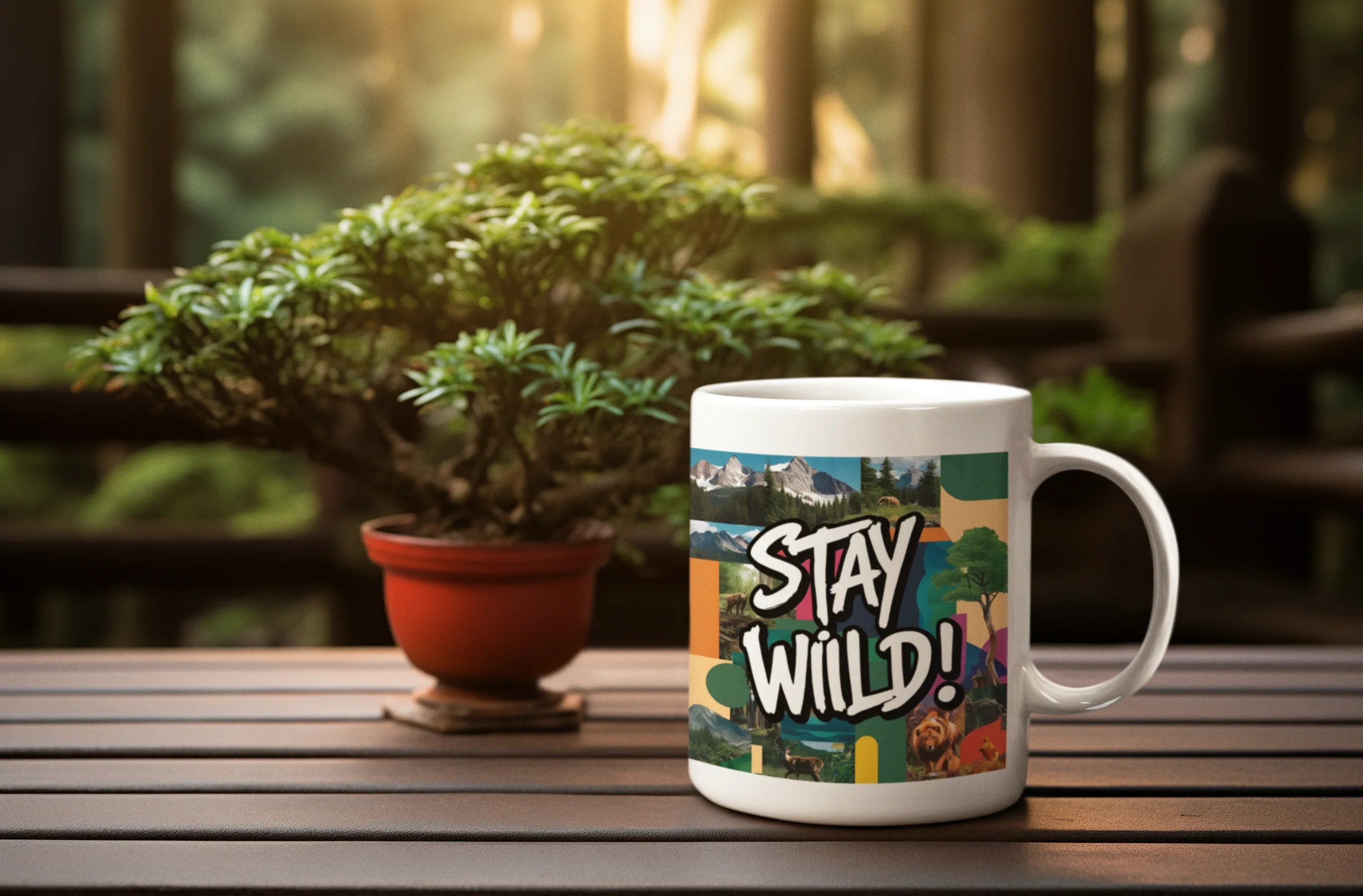 White ceramic mug with 'STAY WILD!' graphic, on wooden surface