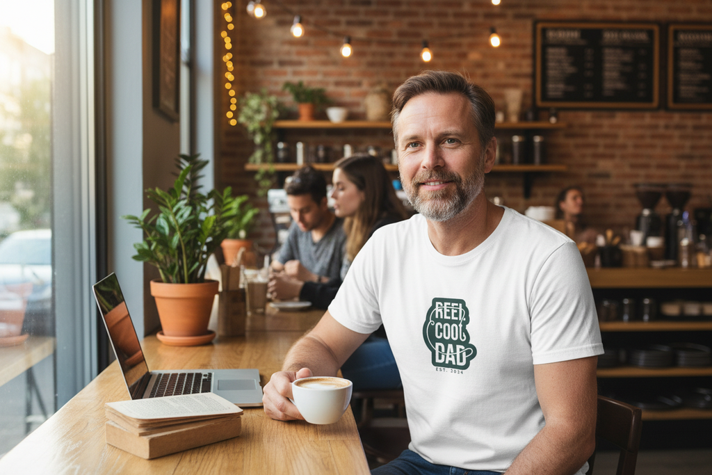 White Cool Dad coffee mug graphic T-shirt with 'Keep Cool Dad' chest print