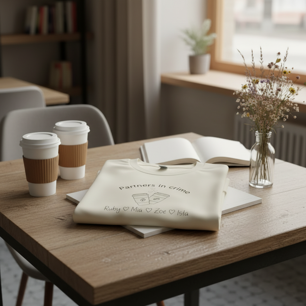 Coffee shop table setting — four names