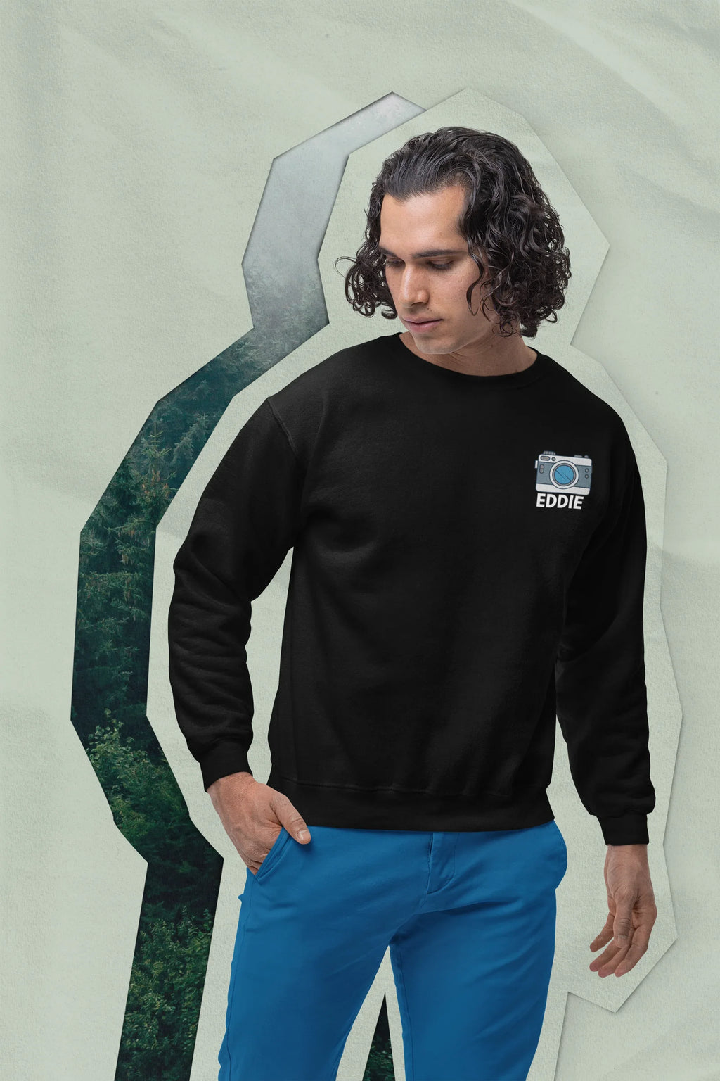 Black sweatshirt with embroidered camera icon and name EDDIE on left chest
