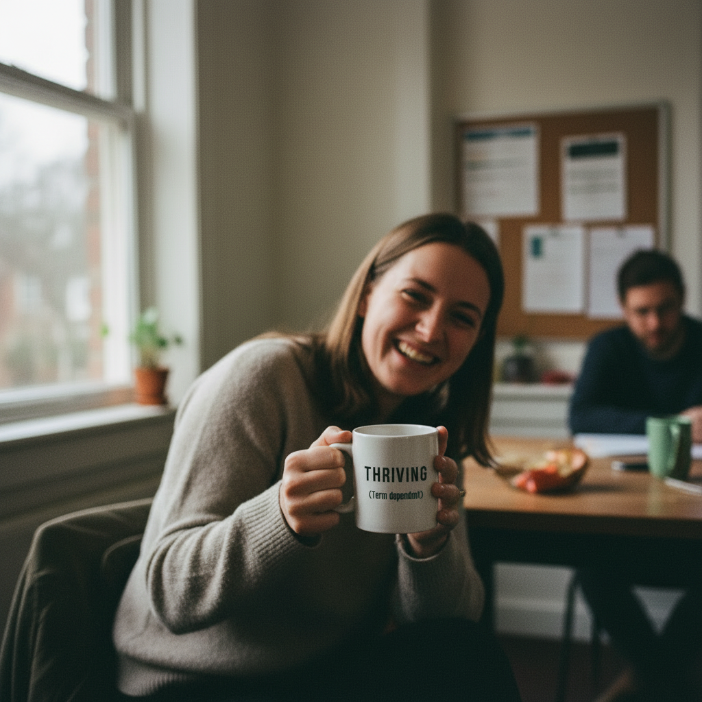 White coffee mug held up, THRIVING (Term dependant) text on front