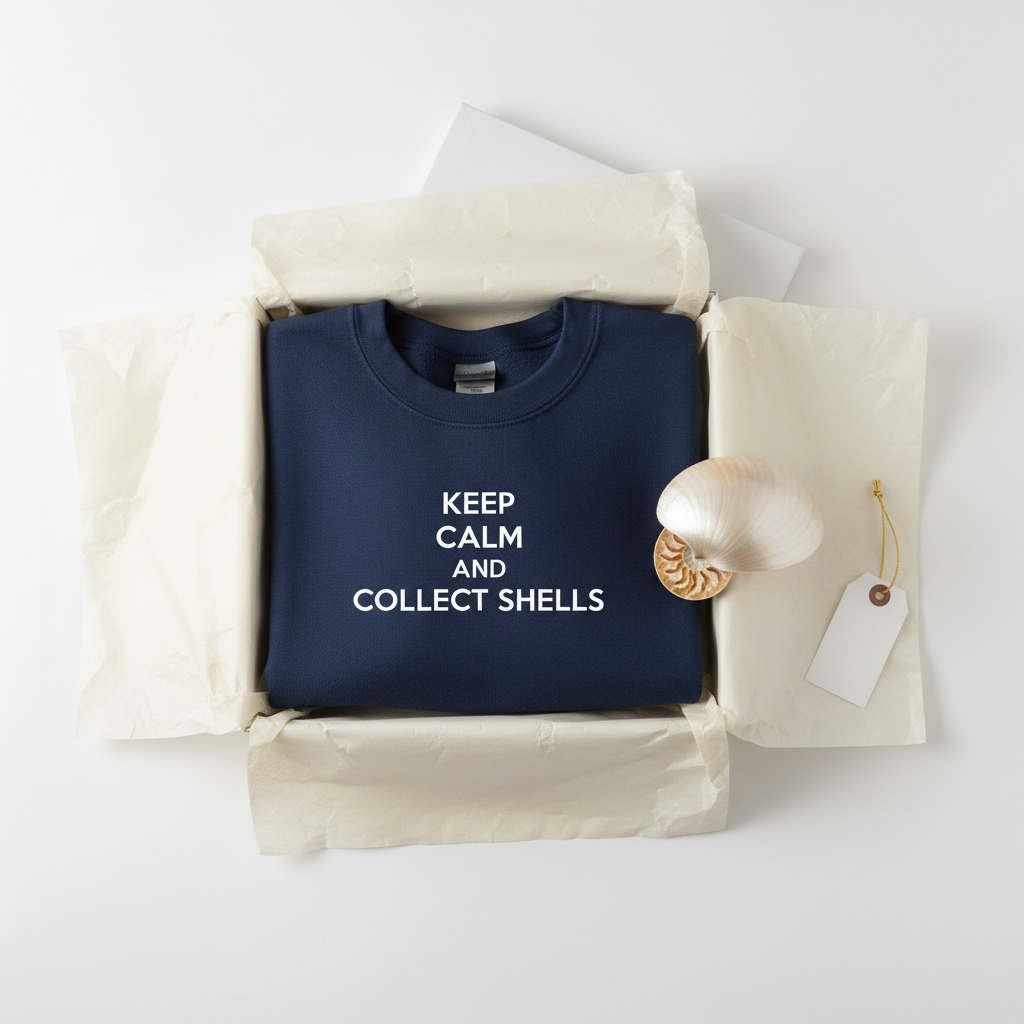 Navy crewneck sweatshirt folded flat, with printed “KEEP CALM AND COLLECT SHELLS”