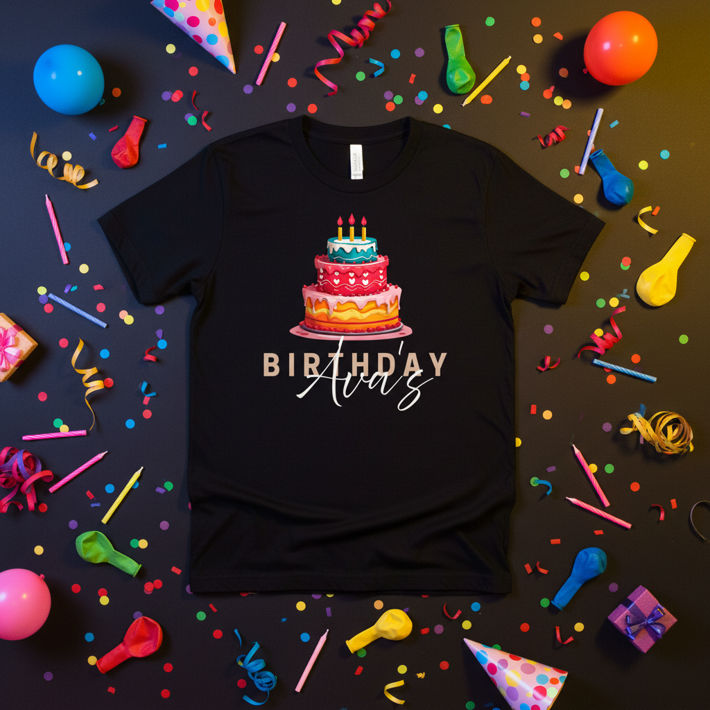 Black crewneck T-shirt with birthday cake graphic and 'BIRTHDAY' text