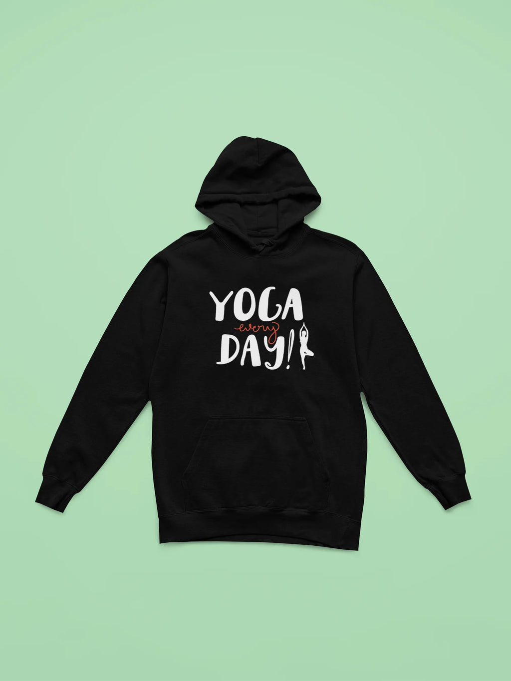 Black yoga hoodie with "YOGA every day!" graphic and drawstring hood