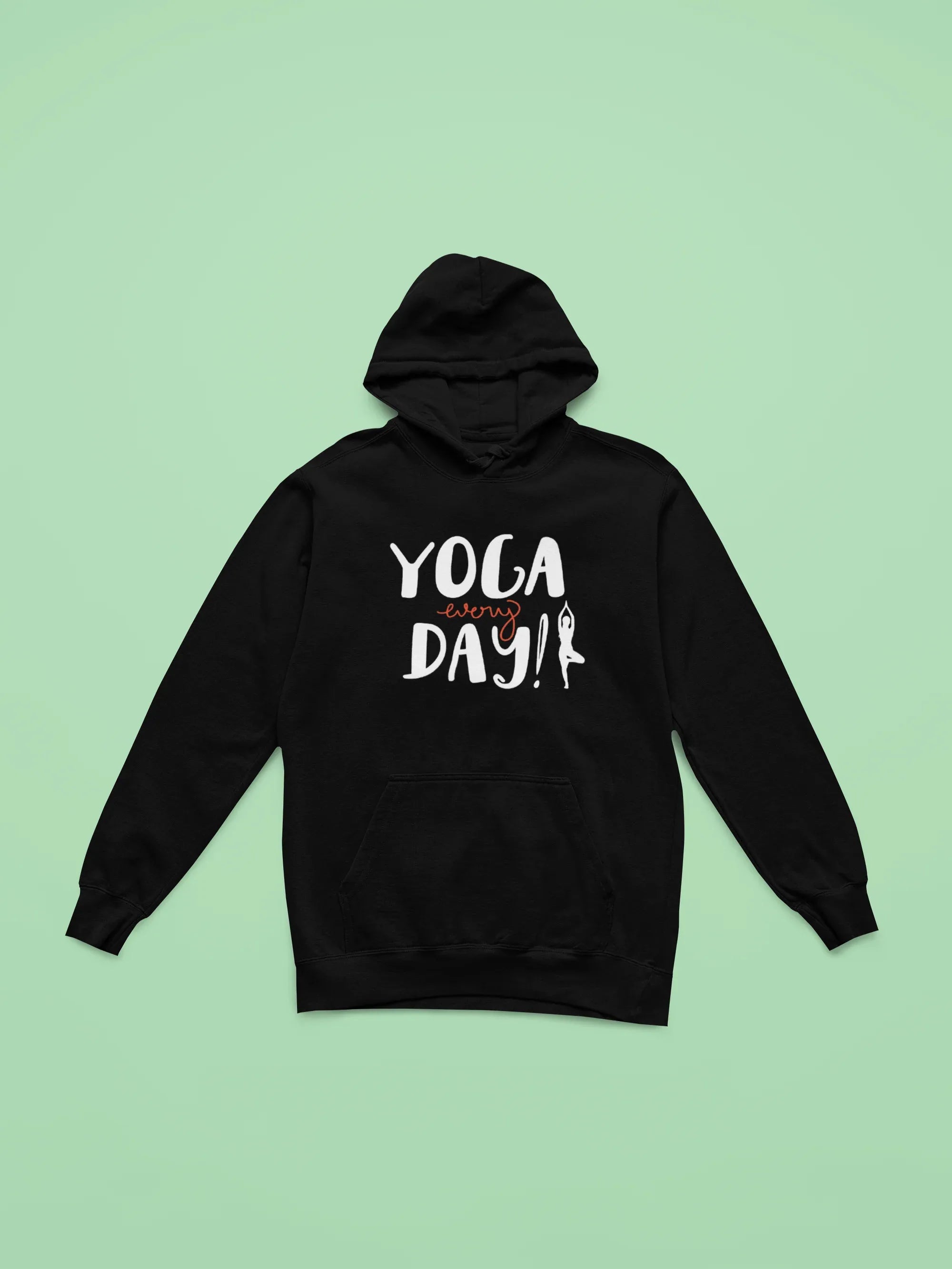 Black yoga hoodie with "YOGA every day!" graphic and drawstring hood