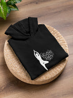 Black pullover hoodie with drawstring hood and dancer silhouette inspirational graphic