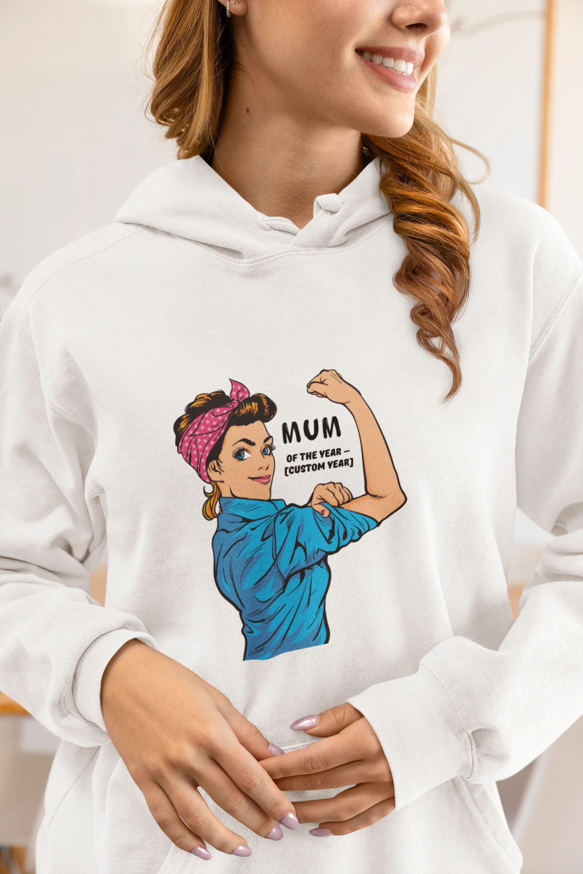 White Mum of the Year hoodie sweatshirt with front graphic print and hood