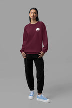 Burgundy crewneck sweatshirt with small front cloud graphic