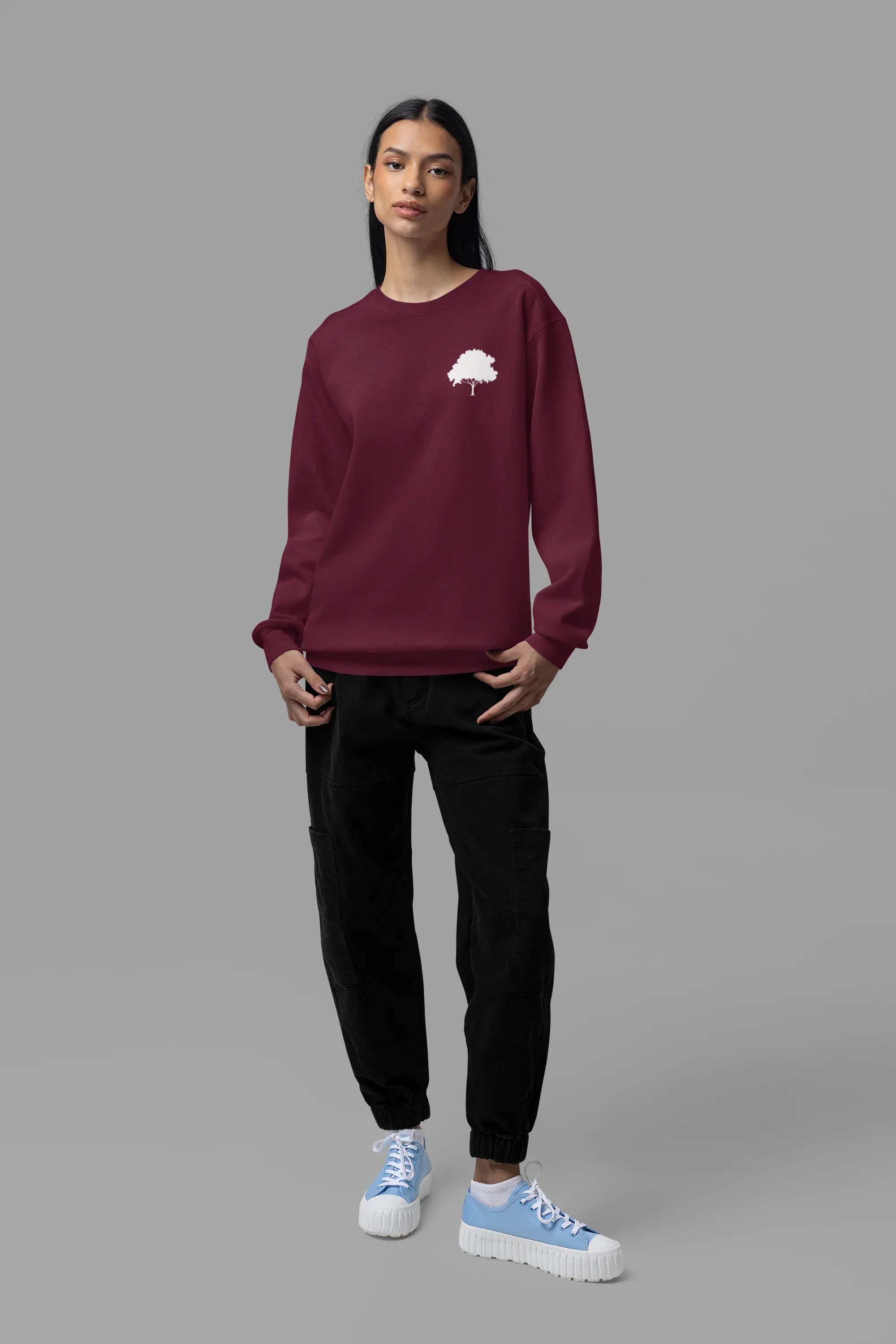 Burgundy crewneck sweatshirt with small front cloud graphic