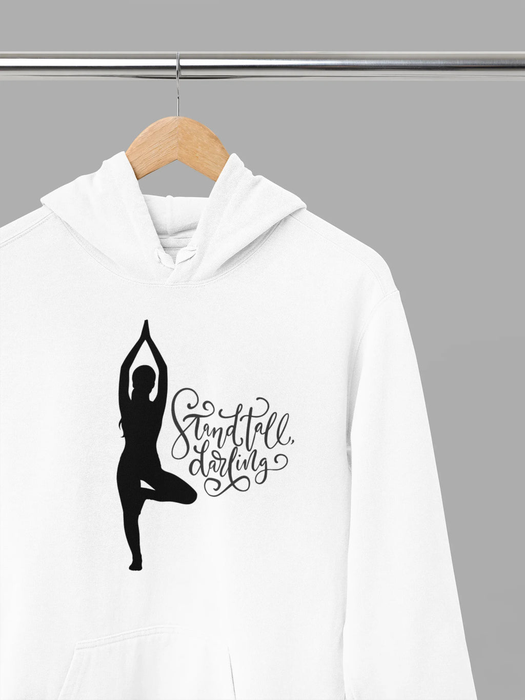 White hoodie close-up with hood and dancer silhouette inspirational text graphic