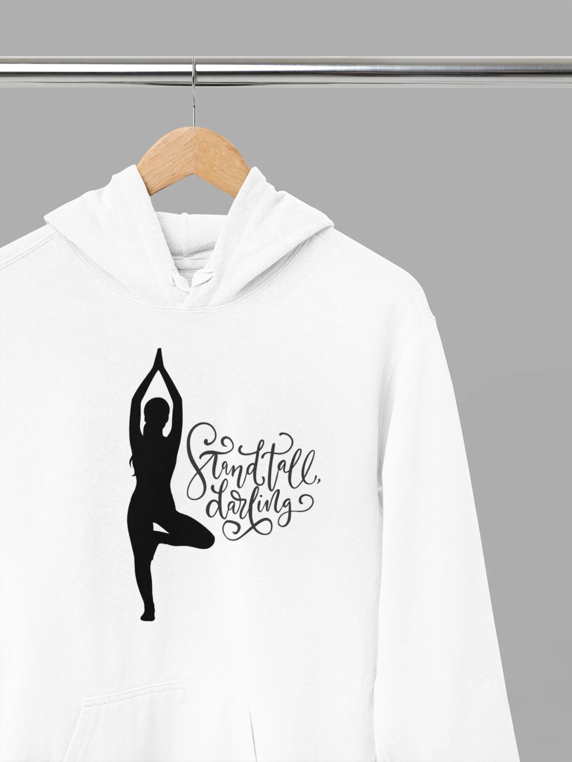 White hoodie close-up with hood and dancer silhouette inspirational text graphic
