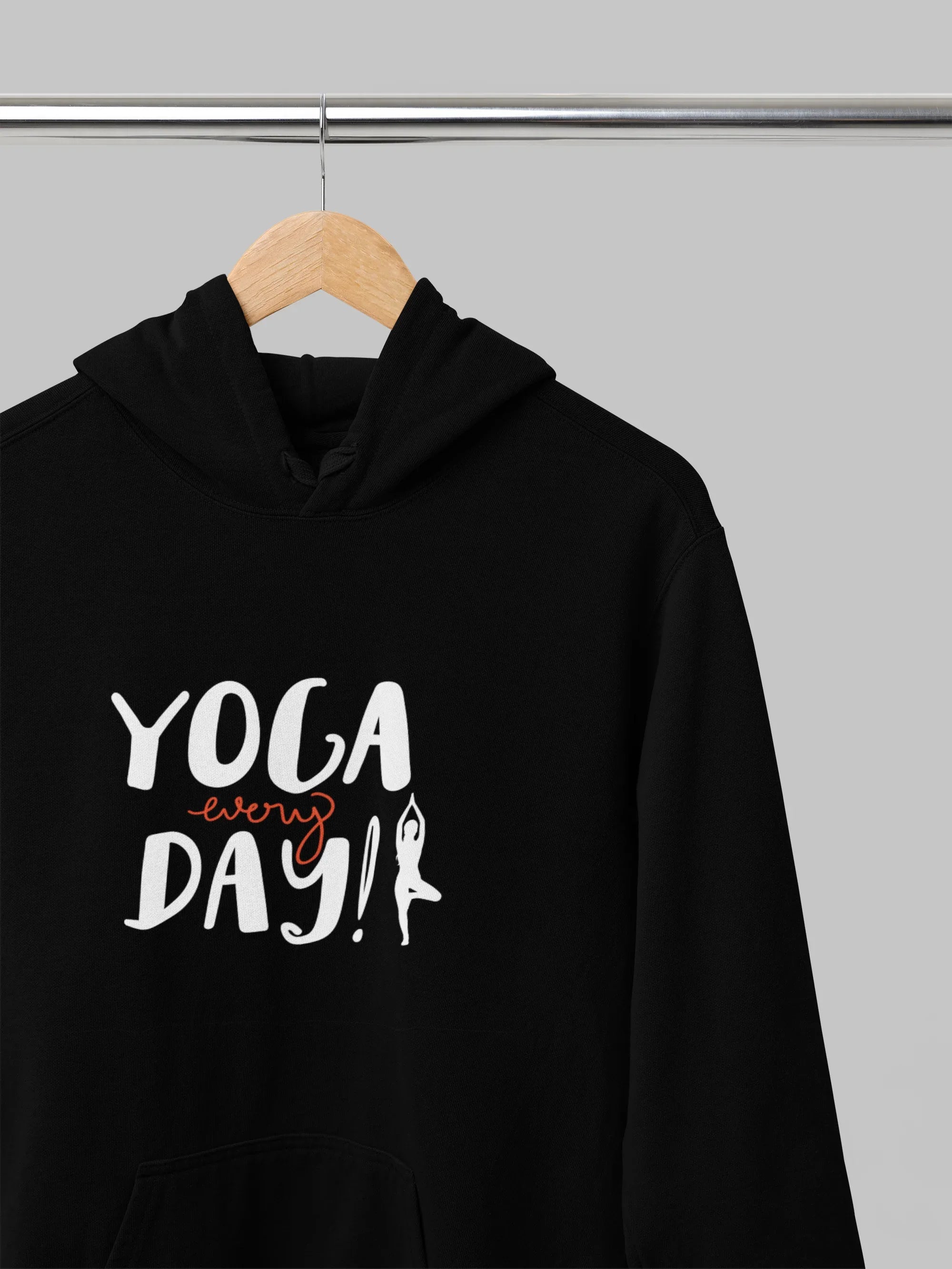 Black yoga hoodie with "YOGA every day!" graphic on the chest