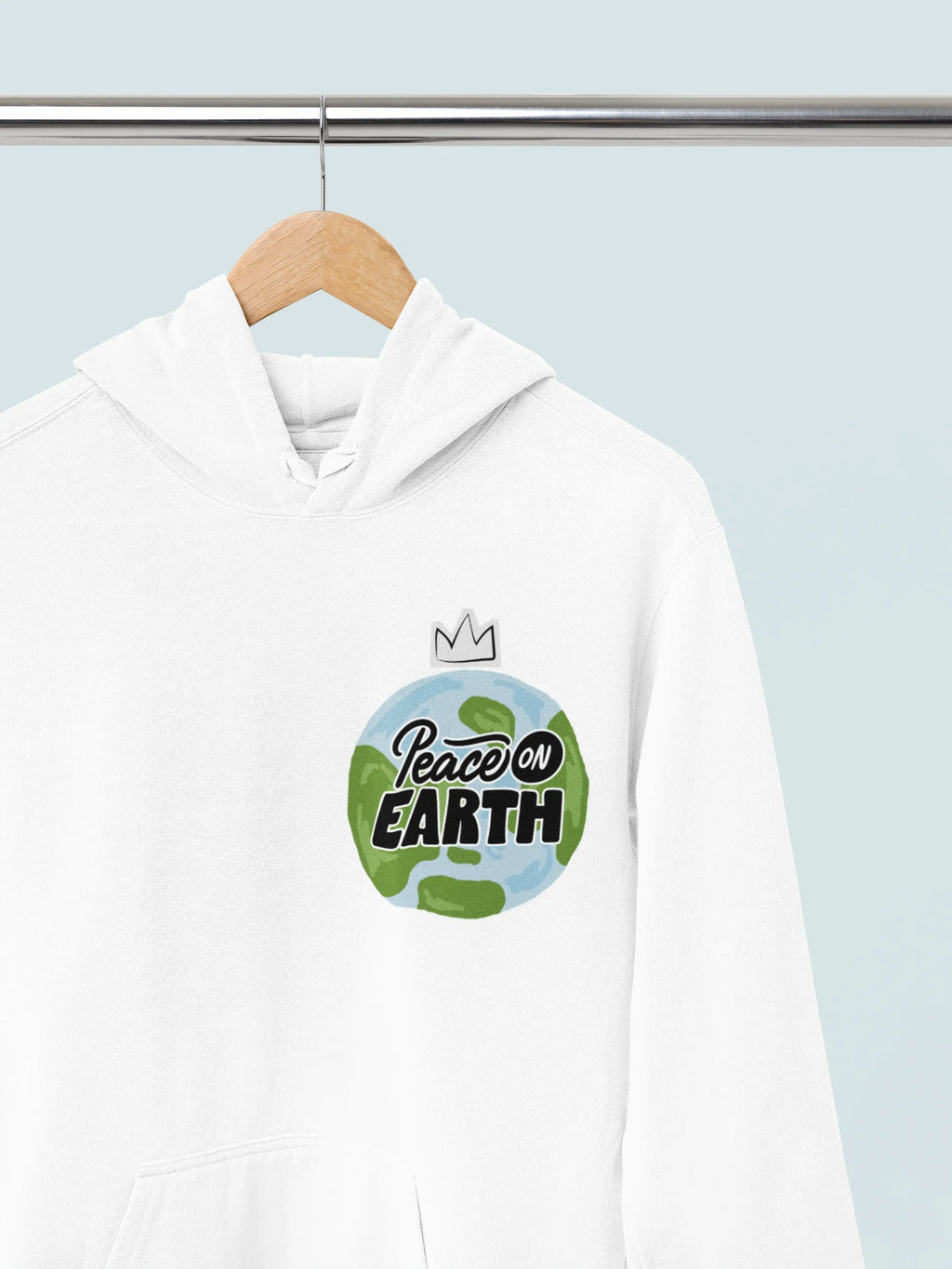 Arctic white hoodie with front hood pocket and Peace on Earth globe chest graphic