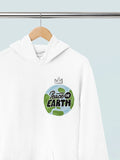 Arctic white hoodie with front hood pocket and Peace on Earth globe chest graphic