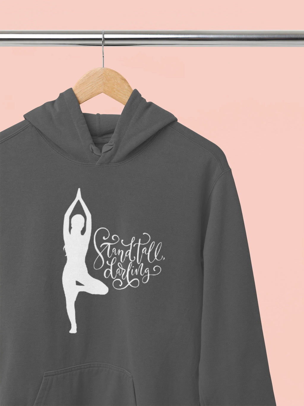 Charcoal gray hoodie with front hood and yoga silhouette logo on the chest.
