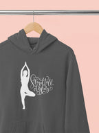 Charcoal gray hoodie with front hood and yoga silhouette logo on the chest.
