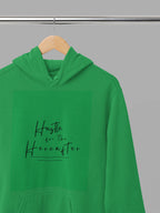 Green hooded sweatshirt with dark handwritten inspirational text graphic