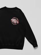 Black crewneck sweatshirt with pink Planet Over Profit logo on front