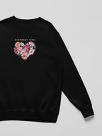 Black crewneck sweatshirt sleeve and front print with floral heart and “Birthday Girl”