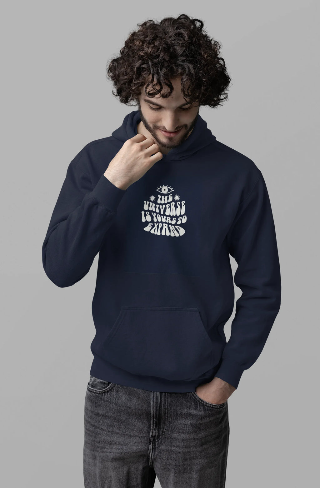 Navy unisex hoodie with front pocket and chest graphic