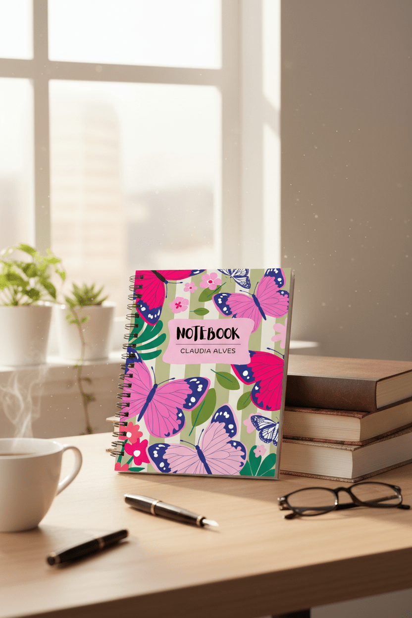 Butterfly spiral notebook with pink name label reading “NOTEBOOK” and “CLAUDIA ALVES”