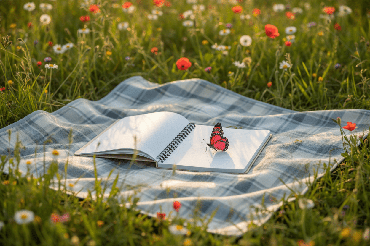 Butterfly spiral notebook on an open outdoor blanket, with pink name label on cover