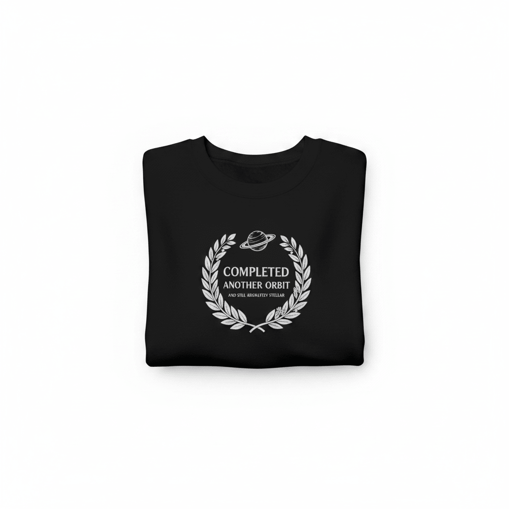 Black crewneck sweatshirt with “Completed Another Orbit” circular logo, folded front