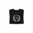 Black crewneck sweatshirt with “Completed Another Orbit” circular logo, folded front