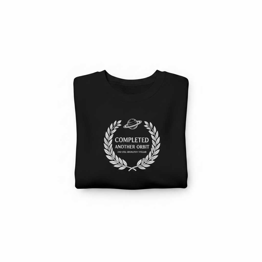 Black crewneck sweatshirt with “Completed Another Orbit” circular logo, folded front