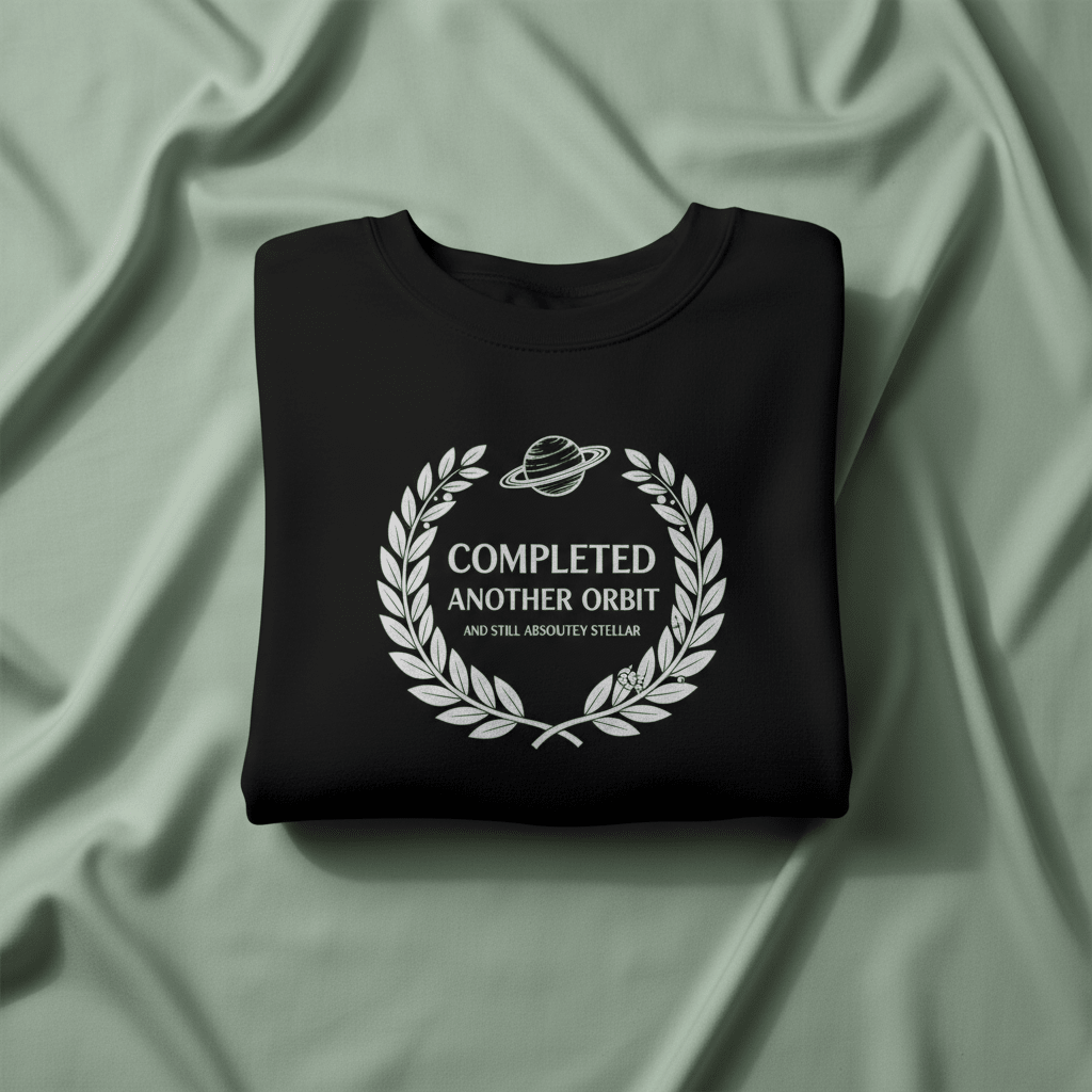 Black crewneck sweatshirt with “Completed Another Orbit” circular logo, front view