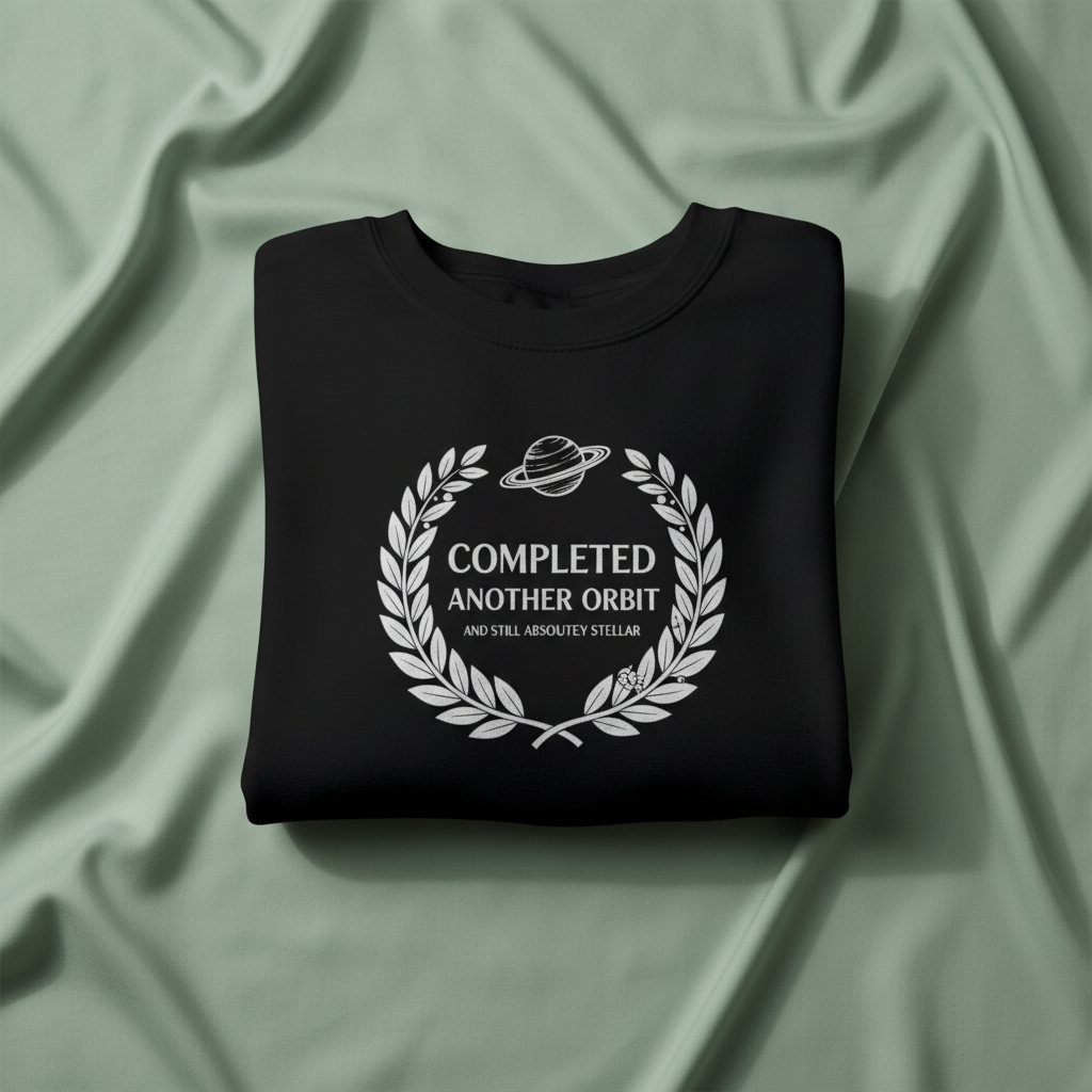 Black crewneck sweatshirt with “Completed Another Orbit” circular logo, front view