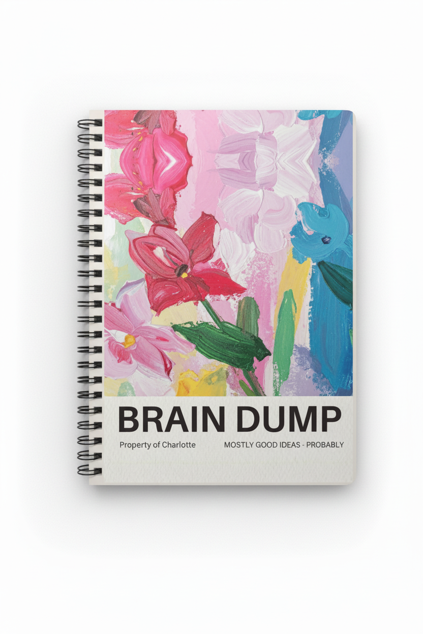 A5 spiral notebook front cover with colorful floral artwork and black spiral binding