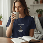 Navy motivational T-shirt with plant graphic and 'Progress' Est. Patience' text