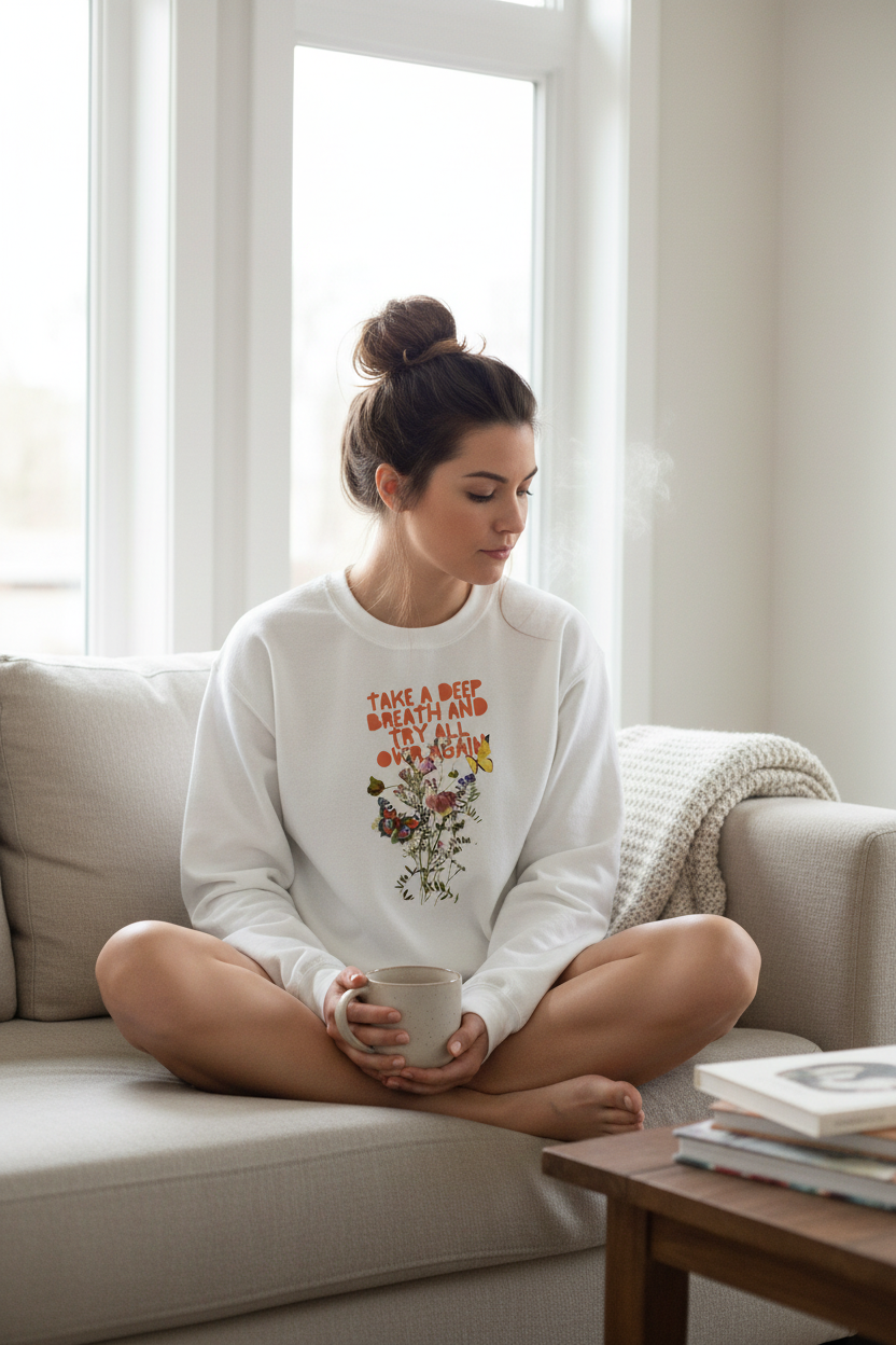 White crewneck sweatshirt worn with “Take a Deep Breath” floral text graphic.