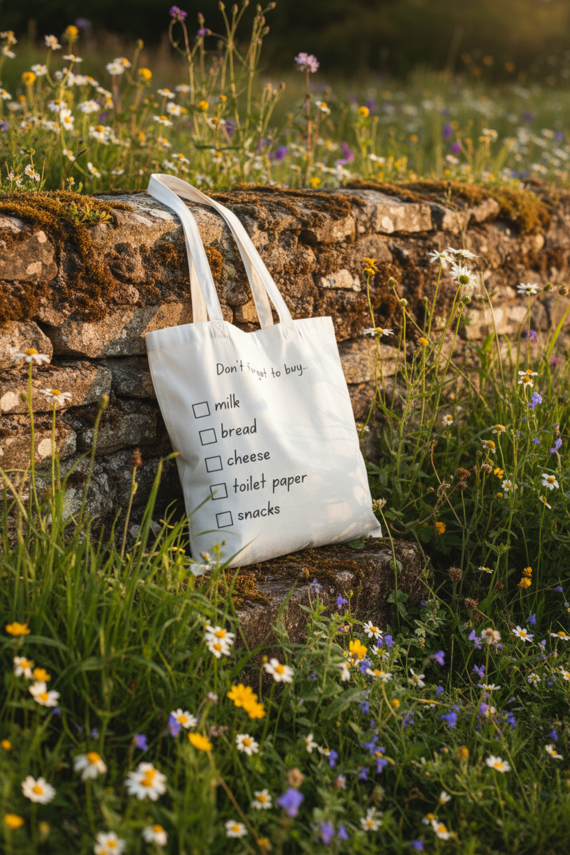 White tote bag with 'to buy' checklist: milk, bread, cheese, toilet paper, snacks.