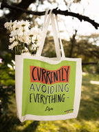 White canvas tote with lime green front panel and 'Currently Avoiding Everything-' text, Lisa