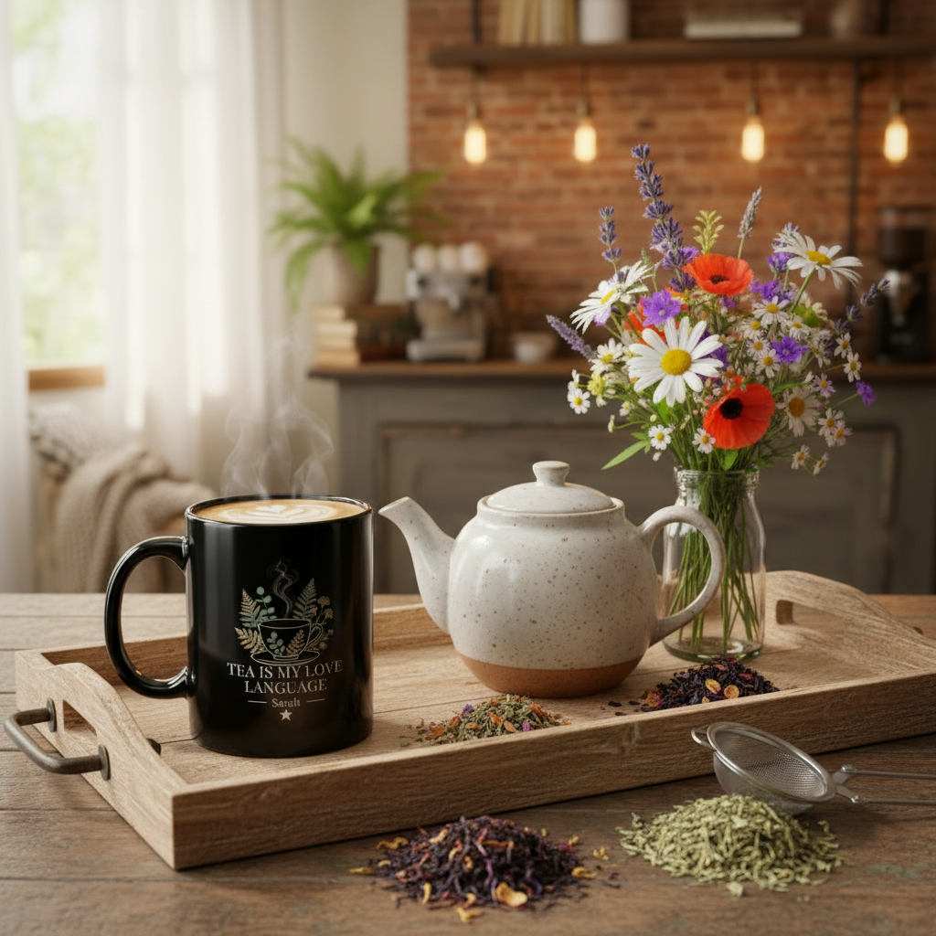 Personalized black tea mug on wooden tray with floral cup design and “Tea Is My Love Language”