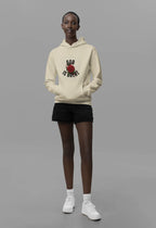 Cream hooded sweatshirt with 'GOD IS GREAT' rose graphic and front pocket