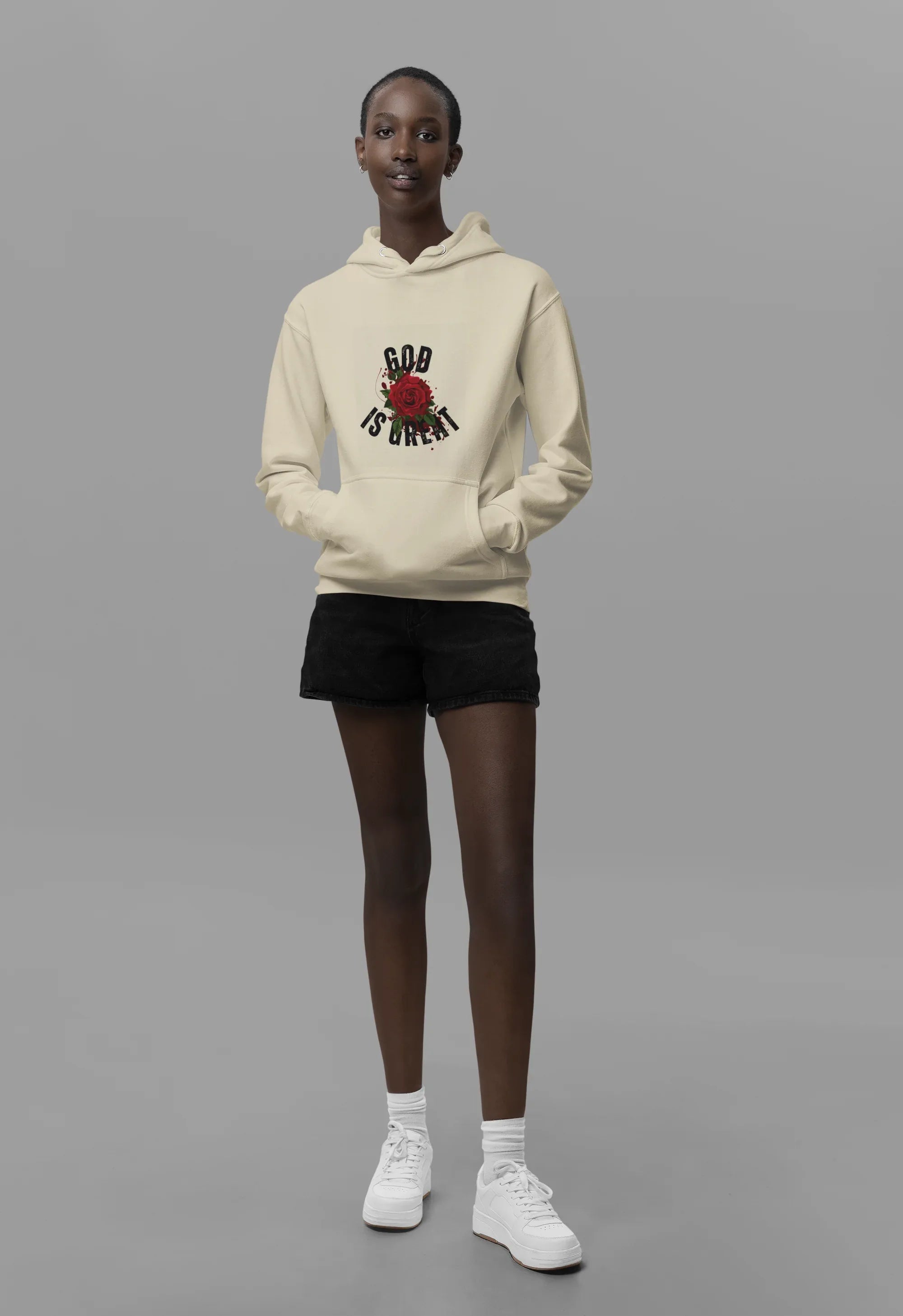 Cream hooded sweatshirt with 'GOD IS GREAT' rose graphic and front pocket