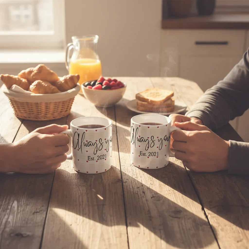 White ceramic mug set, black cursive print and “Est. 2021” on side, held at table.