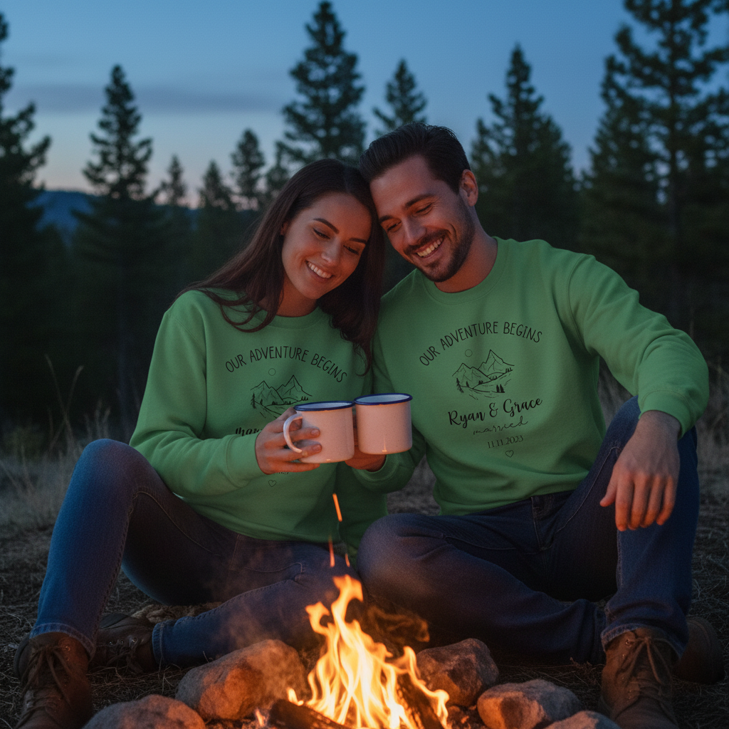 Couple by campfire in bottle green sweatshirts