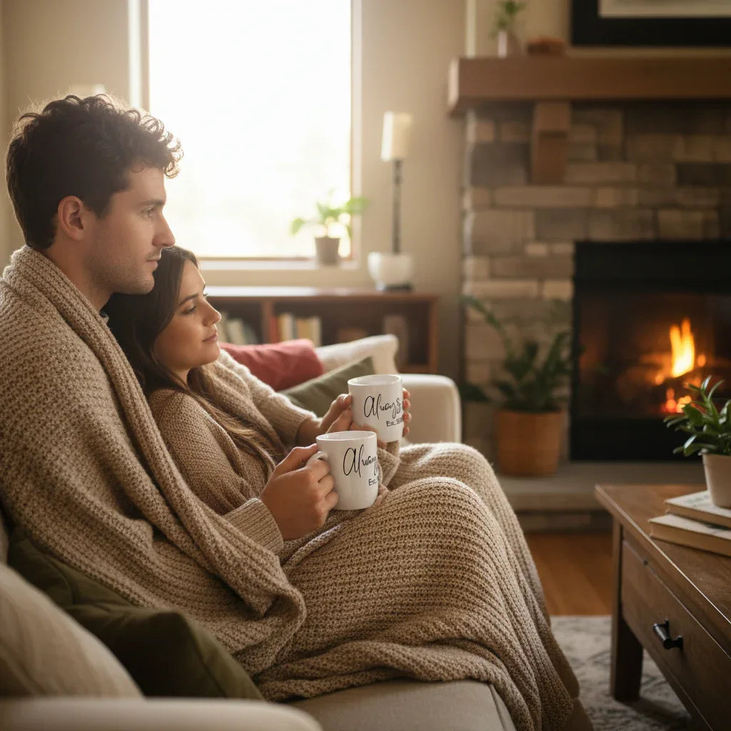 White mugs in hands, black cursive print and “Est. 2021” visible during cozy at-home moment.