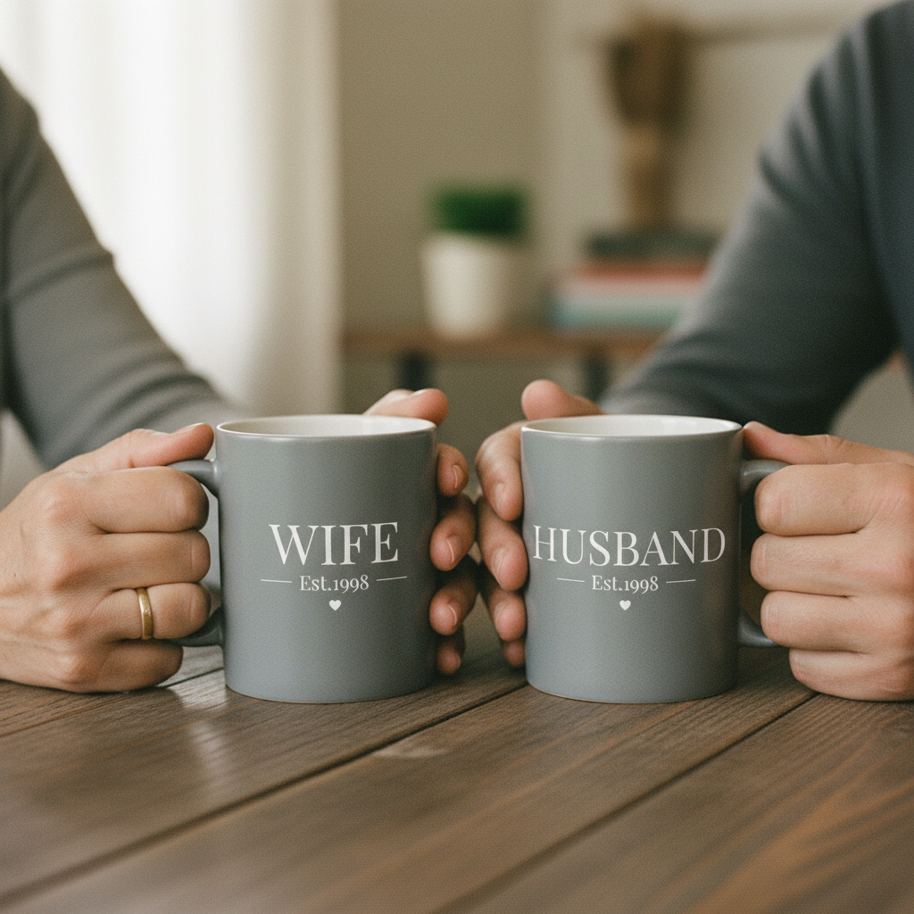 Personalized coffee mugs, matte light gray, labeled 'WIFE' and 'HUSBAND' with Est. year