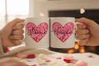 Valentine’s day ceramic mugs: two white cups with pink heart “Happy Valentine’s Day”